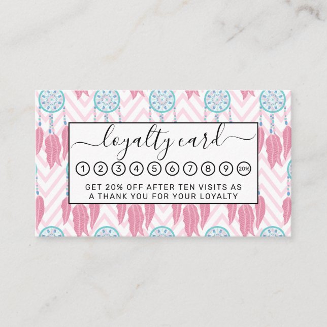 Bohemian Teal Pink Beaded Dreamcatcher Chevron Loyalty Card (Front)