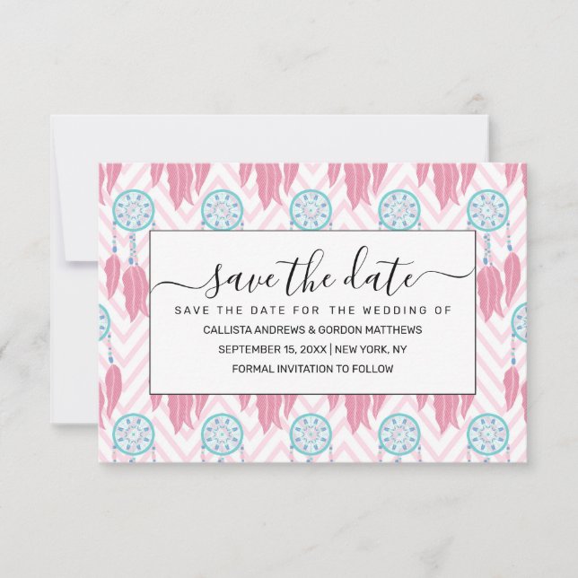 Bohemian Teal Pink Beaded Dreamcatcher Chevron Save The Date (Front)