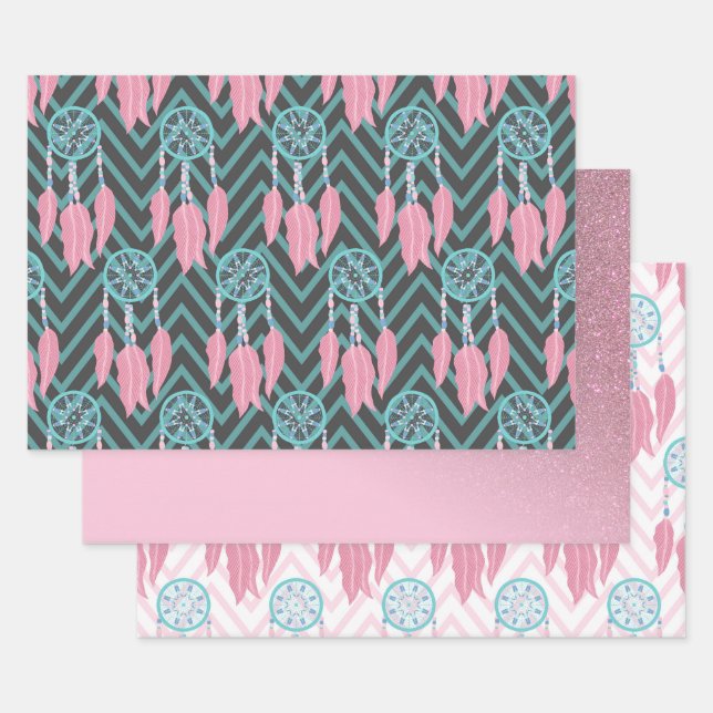 Bohemian Teal Pink Dreamcatcher Chevron Pattern Wrapping Paper Sheet (Set)