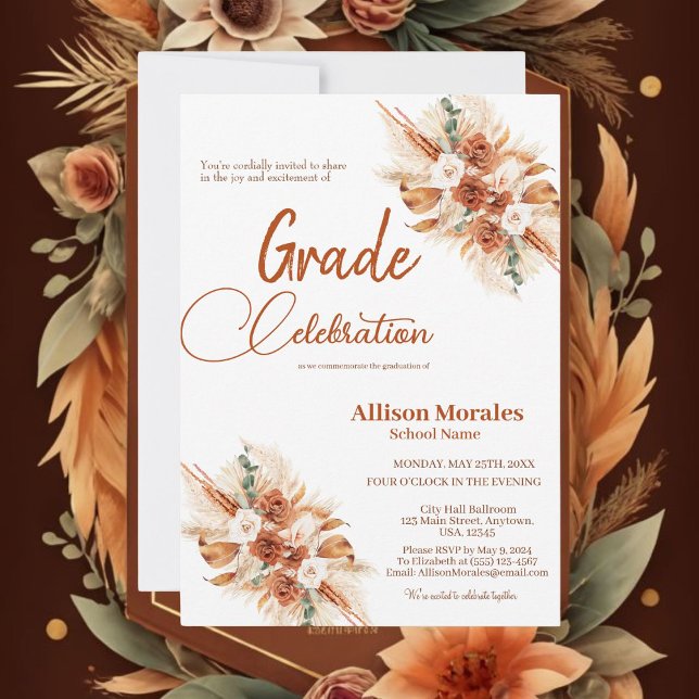 Bohemian Terracotta Boho Floral Pampas Graduation Invitation (Creator Uploaded)