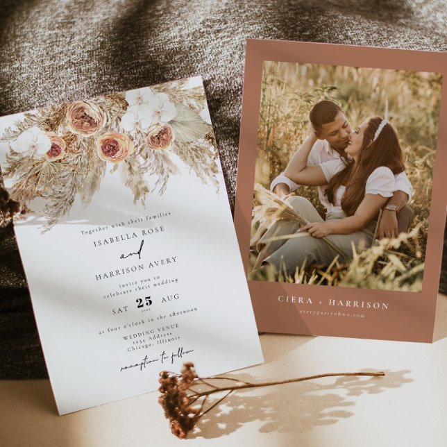 Bohemian Terracotta Floral Photo Fall Wedding Invitation (Creator Uploaded)