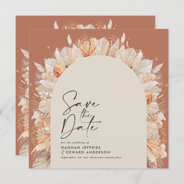 Bohemian terracotta pampas grass stylish trendy sa save the date (Front/Back)