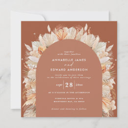 Bohemian terracotta pampas grass stylish wedding save the date