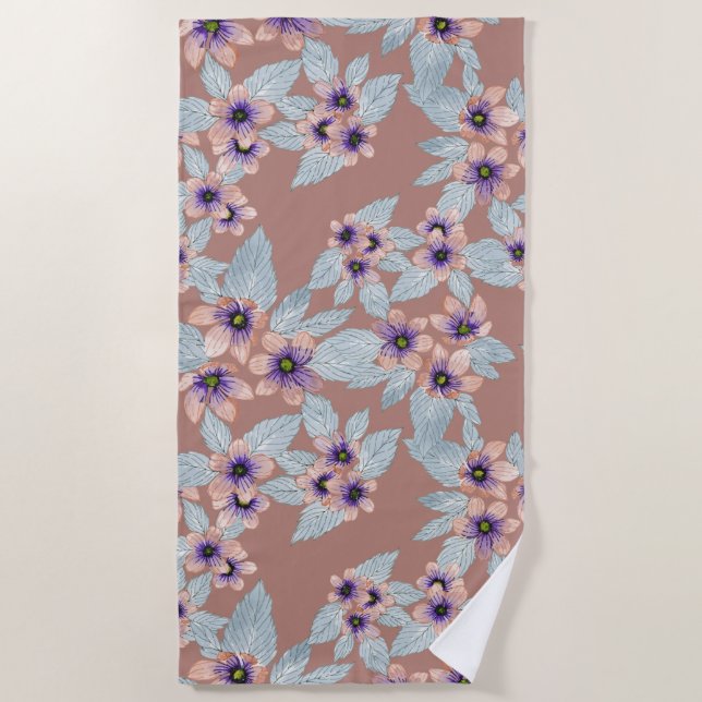 Bohemian Terracotta Pink Flowers Watercolor Beach Towel (Front)