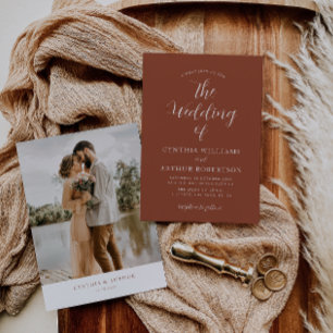 bohemian terracotta simple script wedding invitation