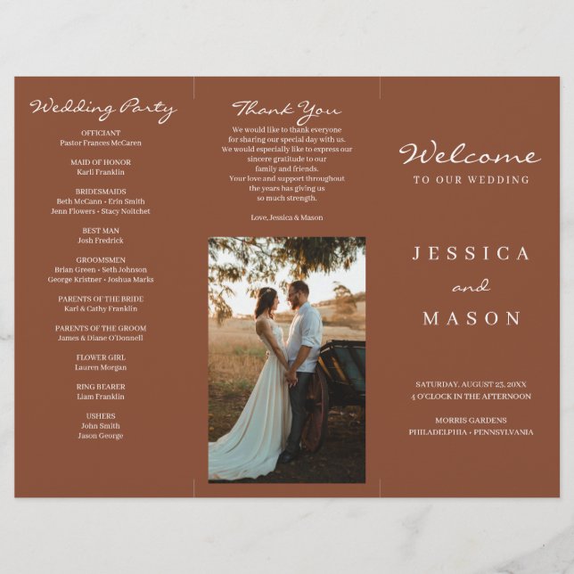 Bohemian Terracotta Trifold Wedding Program Flyer (Front)