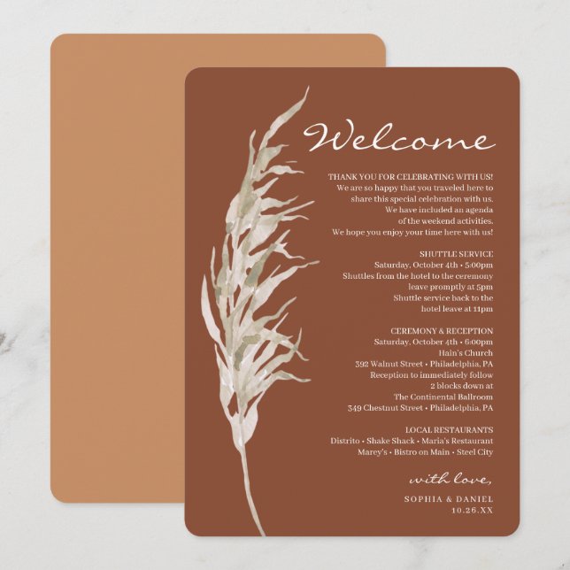 Bohemian Terracotta Wedding Welcome Itinerary Programme (Front/Back)