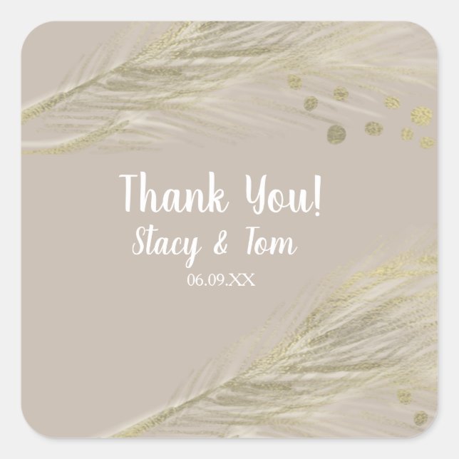 Bohemian Thank You Pampas Gold Natural Square Sticker (Front)