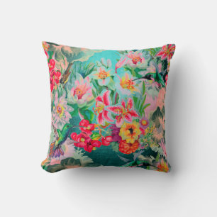 Bohemian Thunder-Bird Tropical Teal Green Flowers Cushion