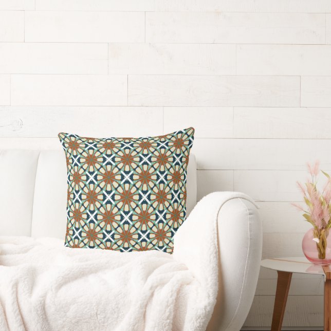 Bohemian Tile-Inspired Fabric with Rust, Teal, and Cushion (Couch)