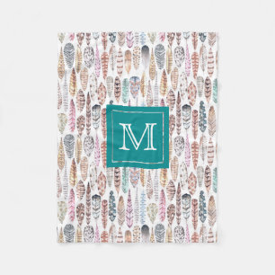 Bohemian Tribal Watercolor Feathers Monogram Fleece Blanket
