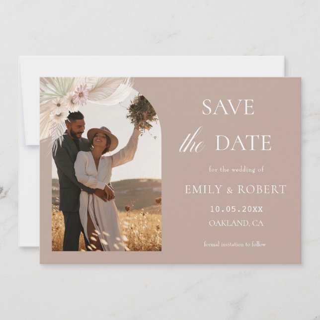 Bohemian Tropical Floral Photo Save the date Invitation (Front)