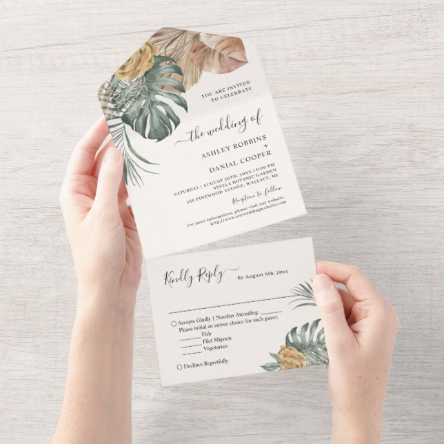 Bohemian Tropical Leaves Wedding All In One Invitation (Tearaway)