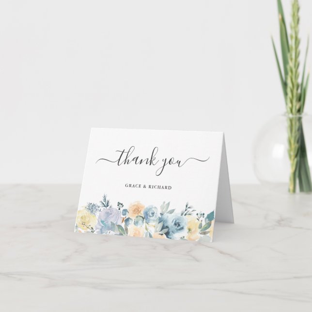 Bohemian Vanilla Blue Chic Floral Thank You Card (Front)