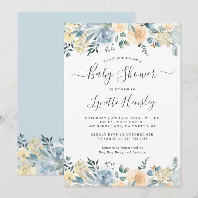 Bohemian Vanilla Blue Floral Baby Shower Invitation (Front/Back)