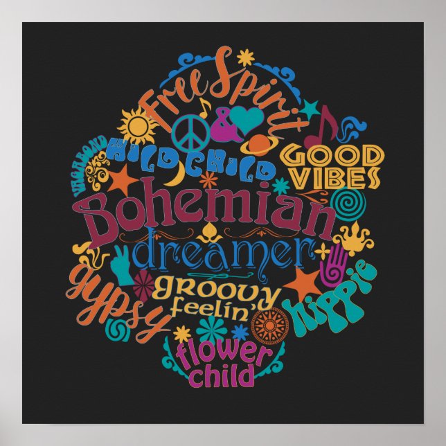 Bohemian Vibes Word Cloud Colourful Typographic Poster (Front)