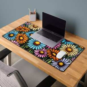 Bohemian Vibrant Daisies - Stained Glass Look Desk Mat