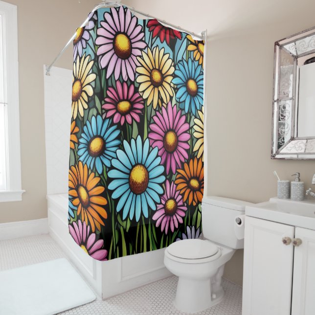 Bohemian Vibrant Daisies - Stained Glass Look Shower Curtain (In Situ)