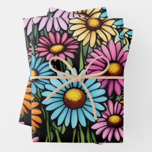 Bohemian Vibrant Daisies - Stained Glass Look Wrapping Paper Sheet