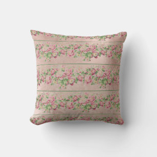 Bohemian Vintage English Roses Mint Pink Flowers Cushion