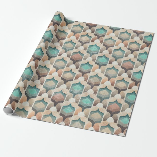 Bohemian Vintage Geometric Turquoise Pattern Wrap Wrapping Paper (Unrolled)