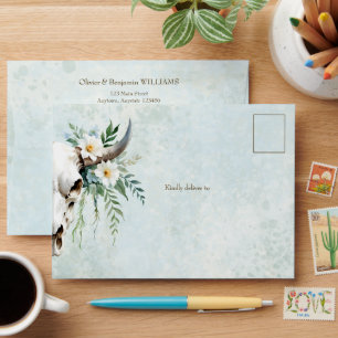 Bohemian Watercolor Floral Cow Skull Wedding Envelope