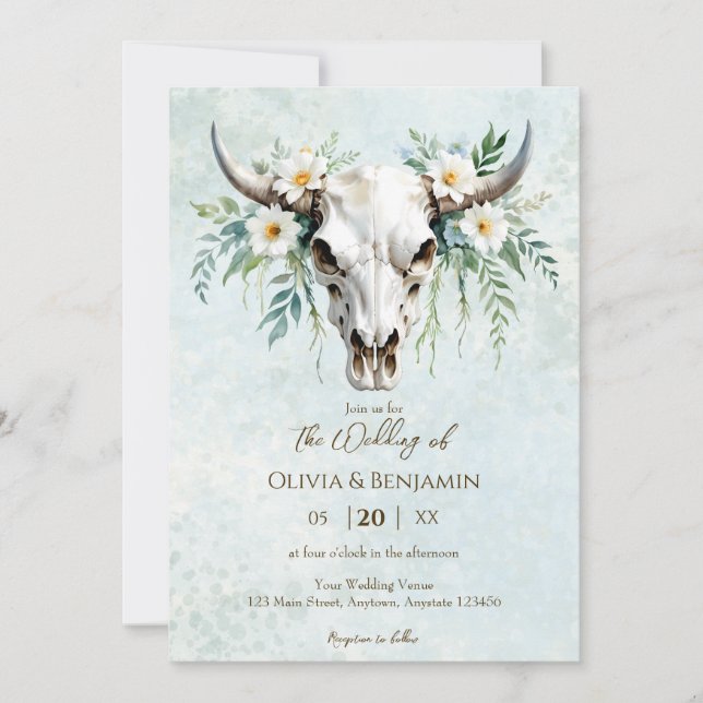 Bohemian Watercolor Floral Cow Skull Wedding Invitation (Front)
