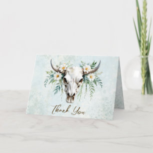 Bohemian Watercolor Floral Cow Skull Wedding Thank You Card