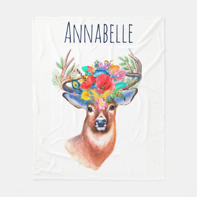Bohemian Watercolor Floral Deer & Name Fleece Blanket (Front)