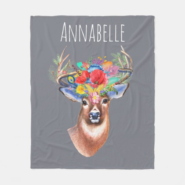 Bohemian Watercolor Floral Deer & Name Fleece Blanket (Front)