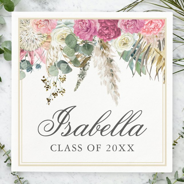 Bohemian Watercolor Floral Grad Name Graduation Na Napkin (Creator Uploaded)