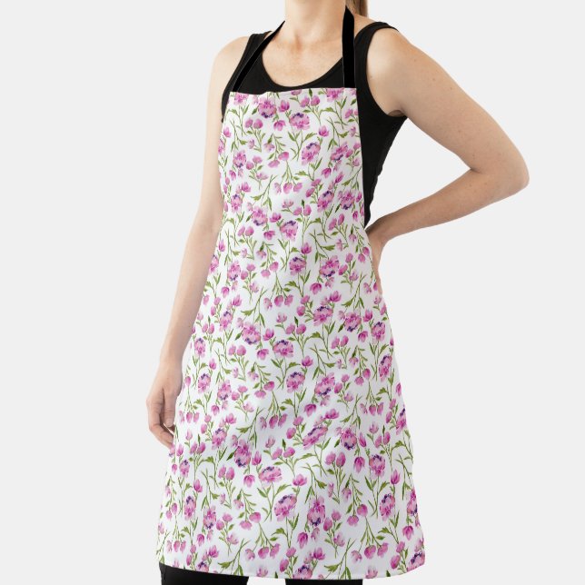 Bohemian Watercolor Florals - Pink on White Apron (Insitu)