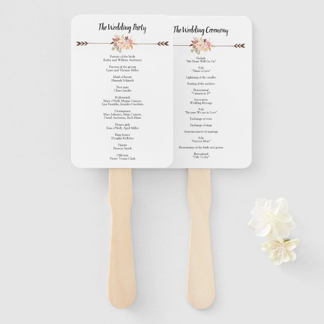 Bohemian Watercolor Flowers Boho Wedding Program Hand Fan (Front and Back)