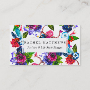 Bohemian Watercolor Flowers Deer Antlers Leaves Business Card