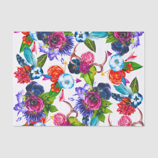 Bohemian Watercolor Flowers Deer Antlers Leaves Tissue Paper (Front)