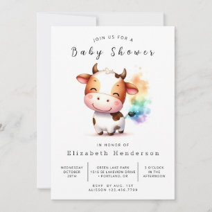 Bohemian Watercolor Fun Cow Baby Shower Invitation
