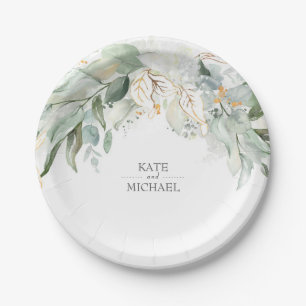 Bohemian Watercolor Greenery and Gold Leaves Paper Plate