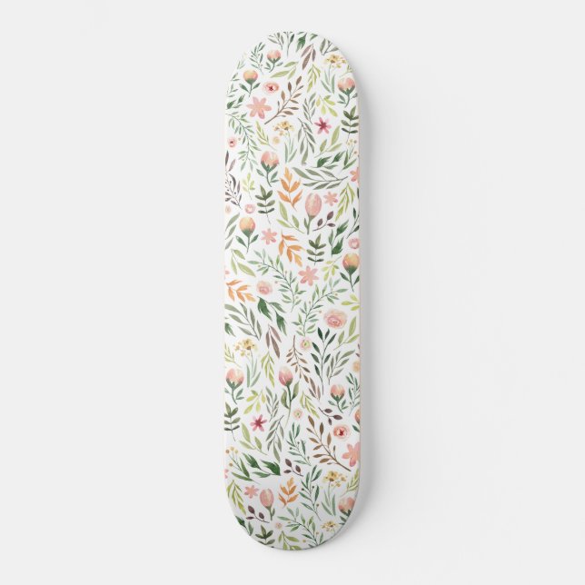 Bohemian Watercolor Leaves and Flowers Skateboard (Front)