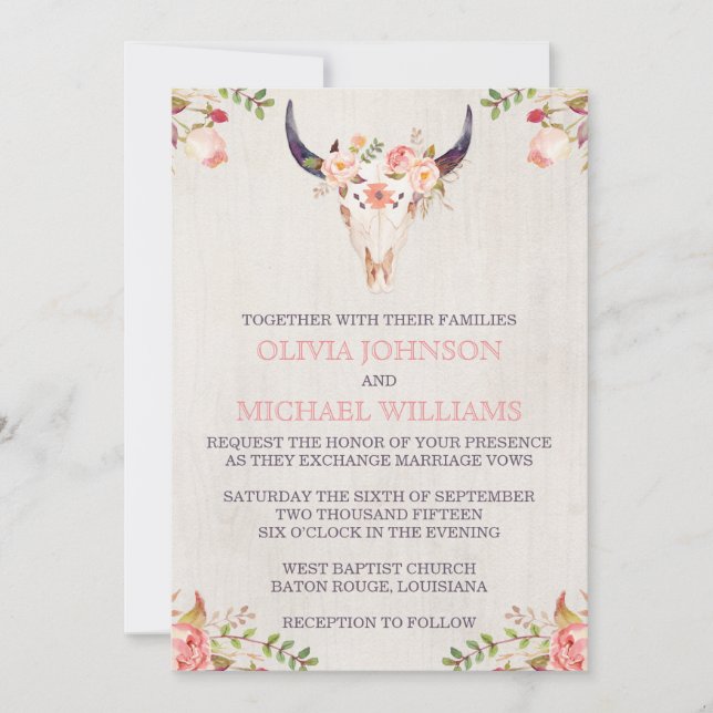 Bohemian Watercolor Skull Wedding Invitations (Front)
