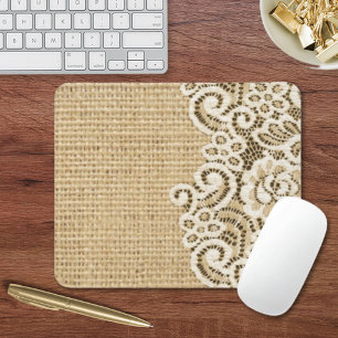 Bohemian Western country rustic burlap and lace Mouse Mat