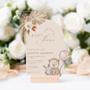 Bohemian Whimsical Script Bear Pampas Baby Shower Acrylic Invitations