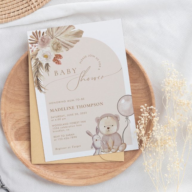 Bohemian Whimsical Script Bear Pampas Baby Shower Invitation (Creator Uploaded)
