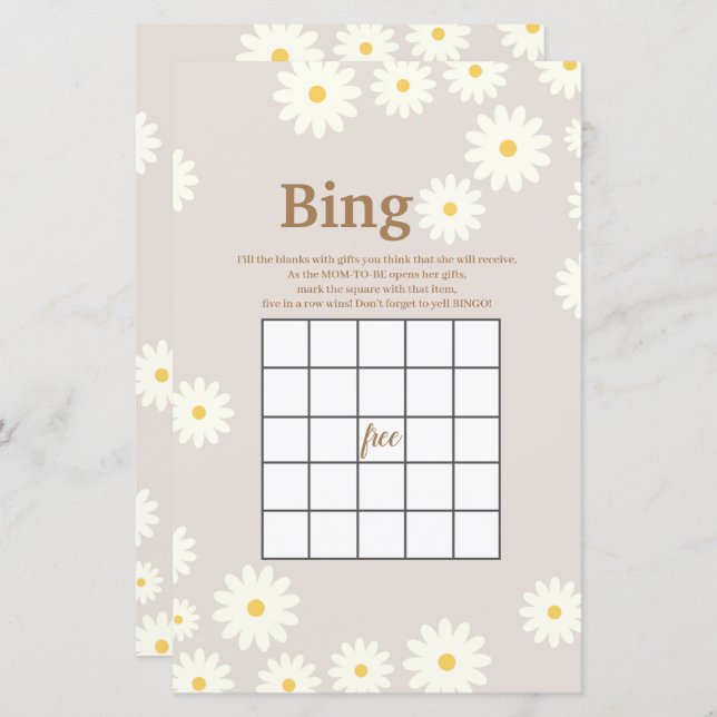 Bohemian White Daisy Watercolor Bingo Game (Front/Back)