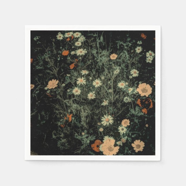bohemian white daisy wildflower black floral napkin (Front)