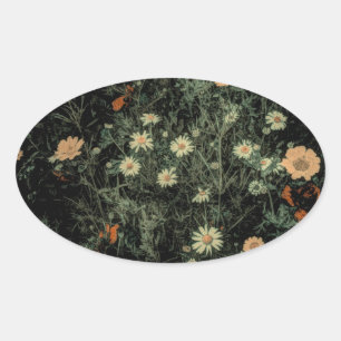 bohemian white daisy wildflower black floral oval sticker