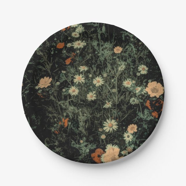 bohemian white daisy wildflower black floral paper plate (Front)