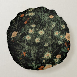bohemian white daisy wildflower black floral round cushion