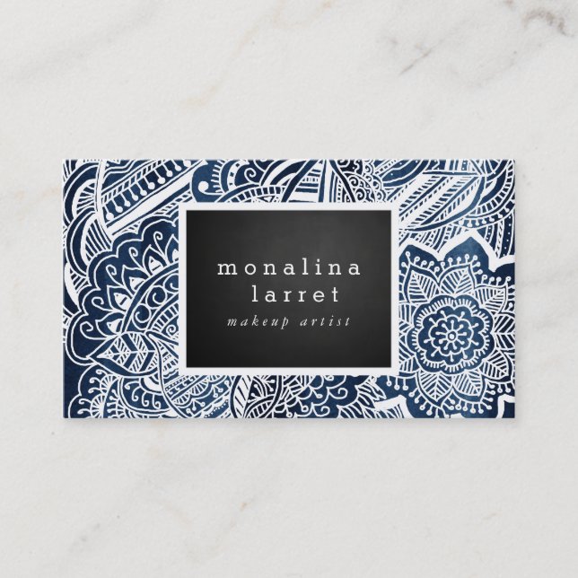 Bohemian White Hand Drawn Doodle Navy Blue Business Card (Front)