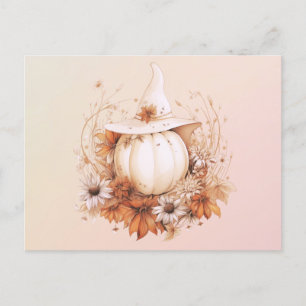 Bohemian White Pumpkins Witches Hat Halloween Holiday Postcard