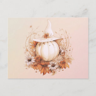 Bohemian White Pumpkins Witches Hat Halloween Holiday Postcard